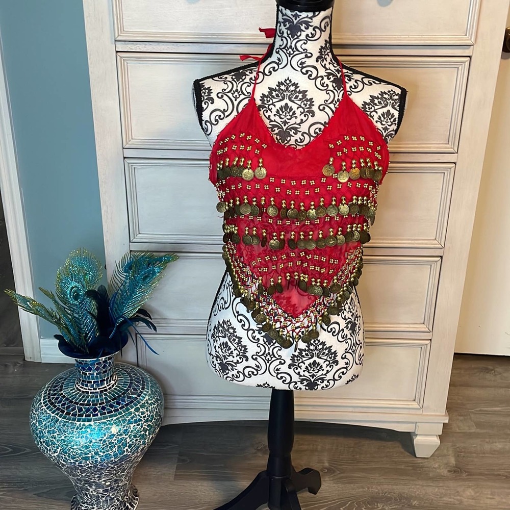 Gypsy belly dancer chiffon halter red top with gold coins